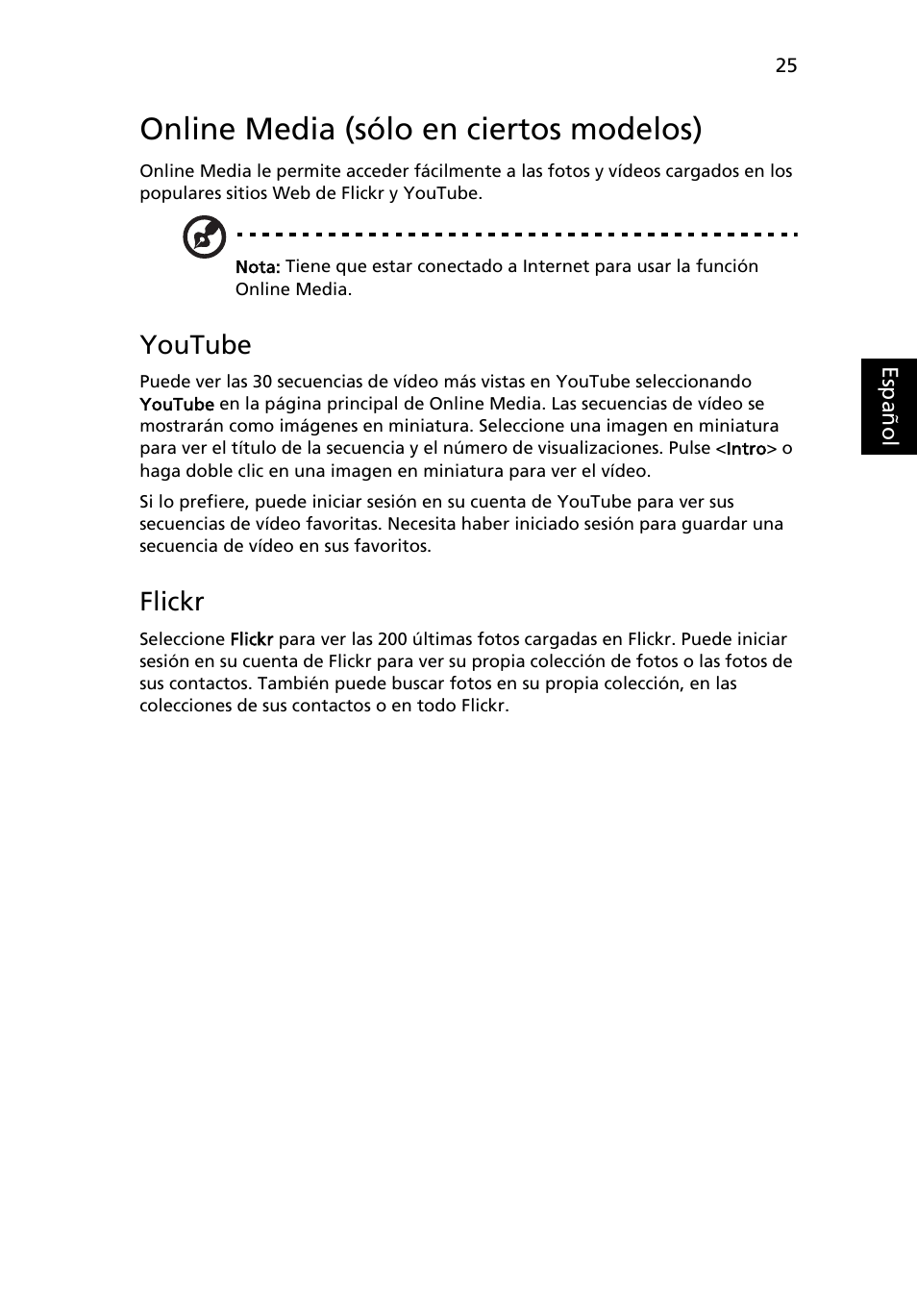 Online media (sólo en ciertos modelos), Youtube, Flickr | Acer Aspire 5741ZG User Manual | Page 361 / 2345