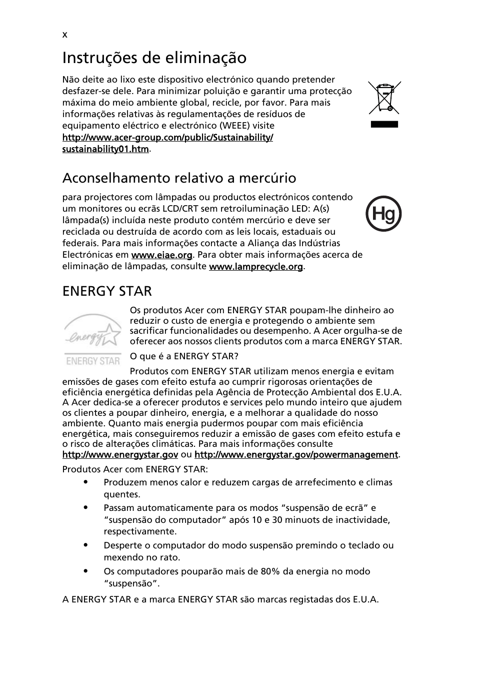 Instruções de eliminação, Aconselhamento relativo a mercúrio, Energy star | Acer Aspire 5741ZG User Manual | Page 402 / 2345