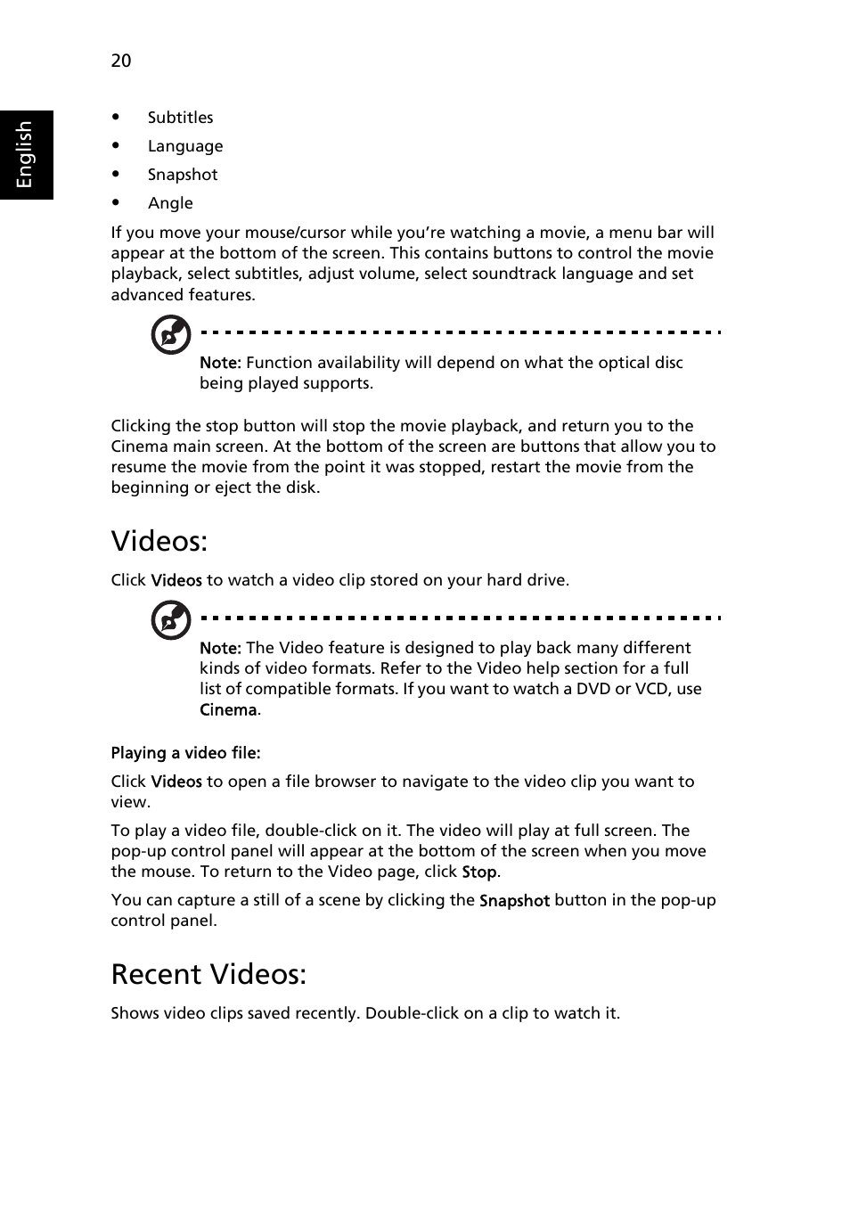 Videos, Recent videos, Playing a video file | Acer Aspire 5741ZG User Manual | Page 42 / 2345