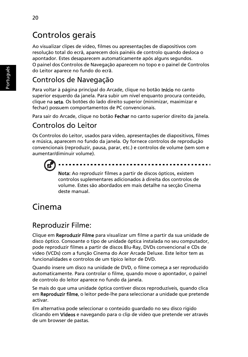 Controlos gerais, Cinema, Controlos de navegação | Controlos do leitor, Reproduzir filme | Acer Aspire 5741ZG User Manual | Page 432 / 2345