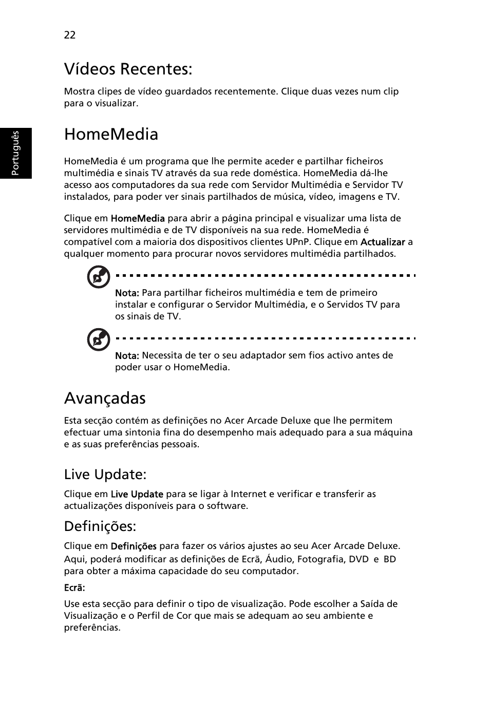 Vídeos recentes, Homemedia, Avançadas | Live update, Definições | Acer Aspire 5741ZG User Manual | Page 434 / 2345