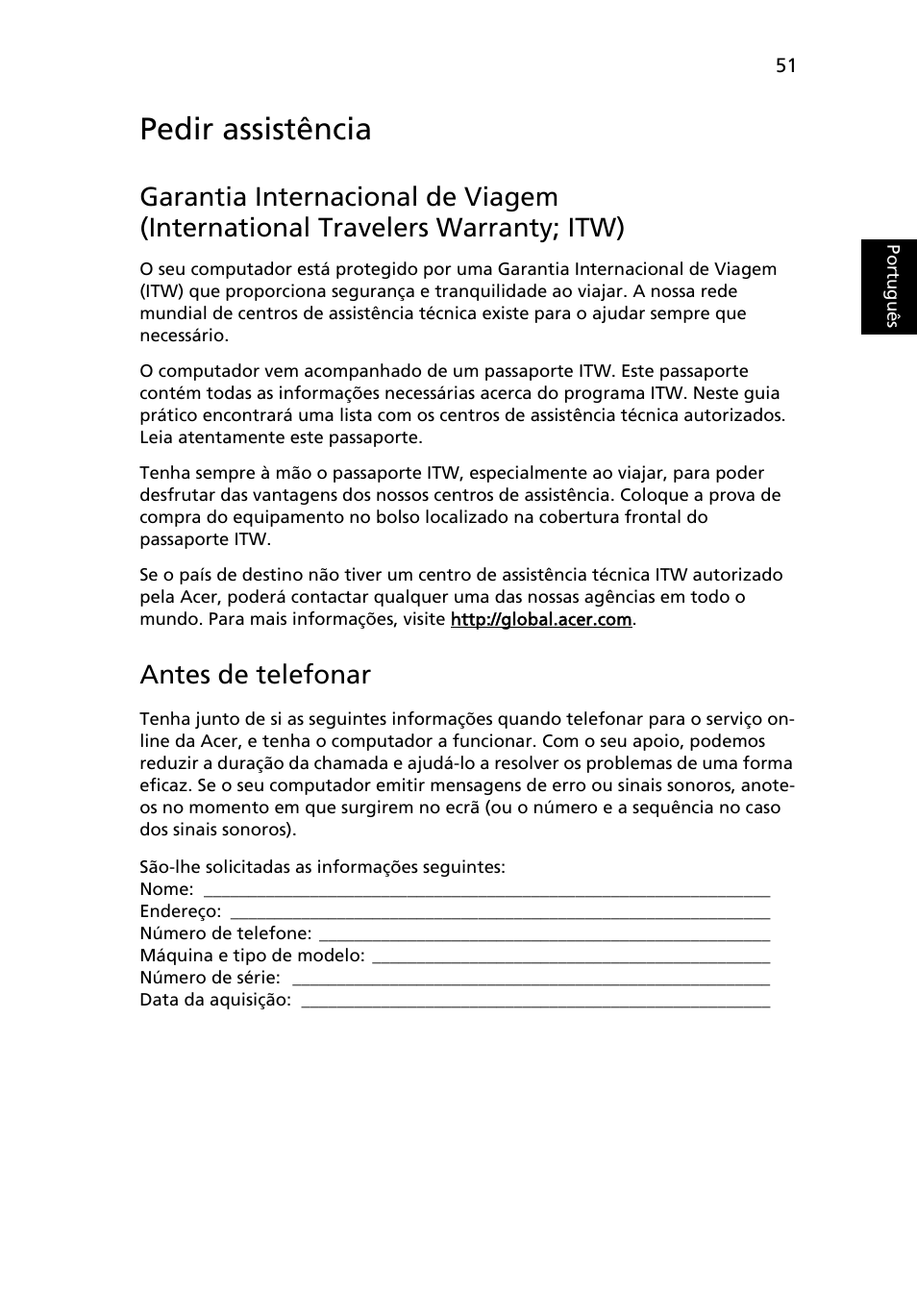 Pedir assistência, Antes de telefonar | Acer Aspire 5741ZG User Manual | Page 463 / 2345