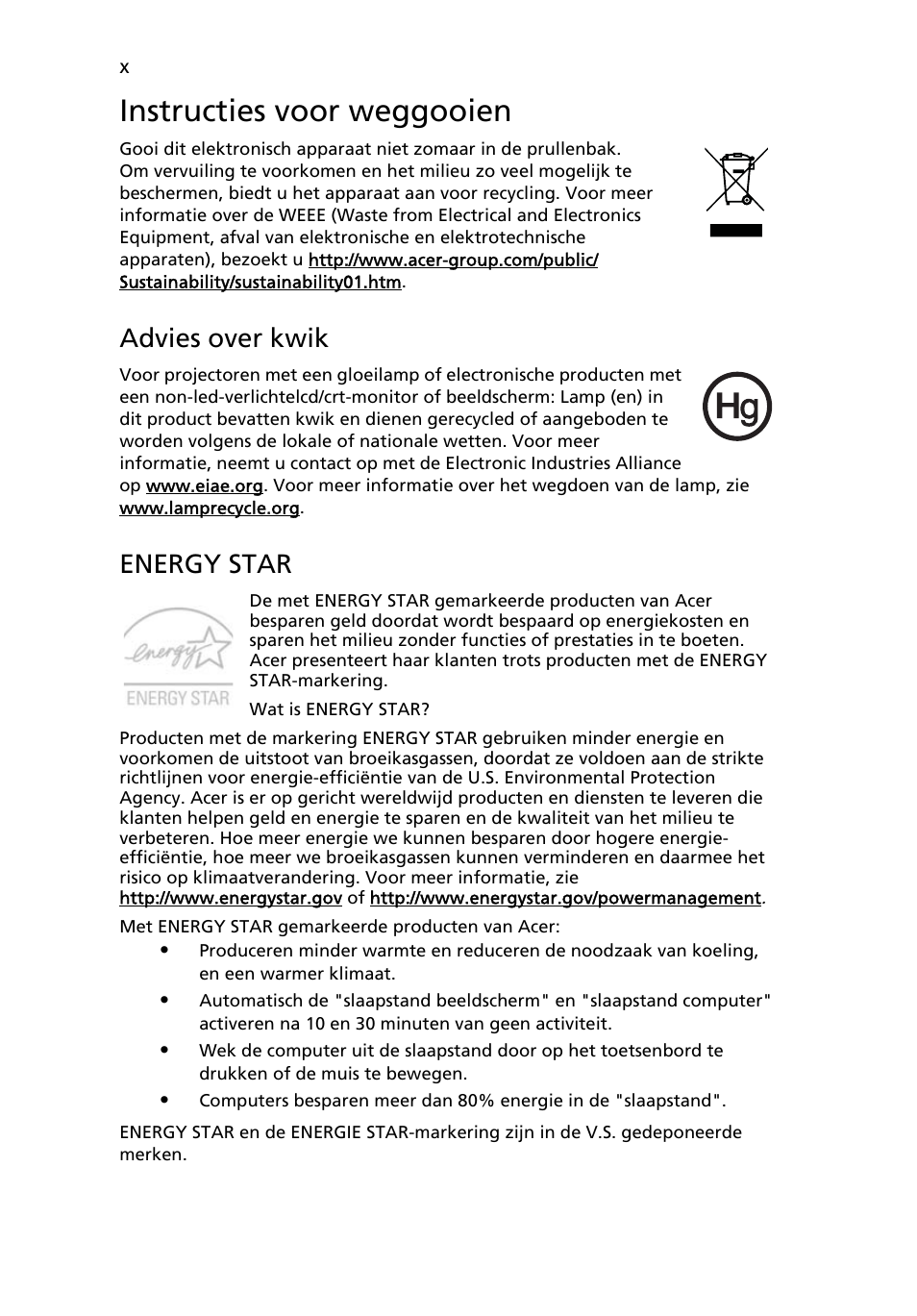 Instructies voor weggooien, Advies over kwik, Energy star | Acer Aspire 5741ZG User Manual | Page 480 / 2345