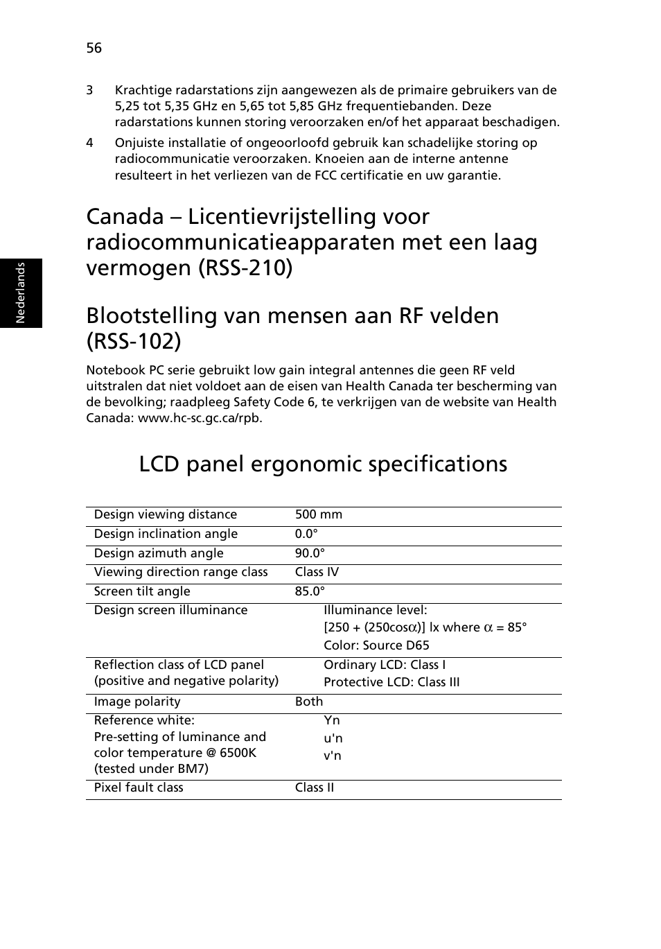 Blootstelling van mensen aan rf velden (rss-102), Lcd panel ergonomic specifications | Acer Aspire 5741ZG User Manual | Page 546 / 2345