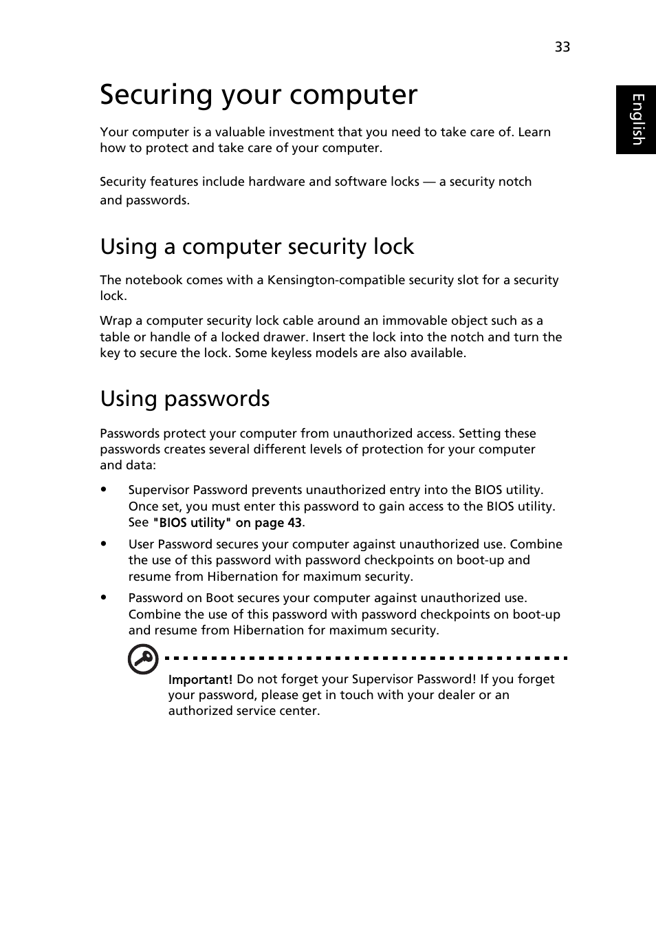 Securing your computer, Using a computer security lock, Using passwords | Acer Aspire 5741ZG User Manual | Page 55 / 2345