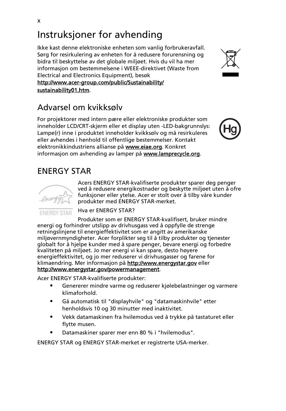 Instruksjoner for avhending, Advarsel om kvikksølv, Energy star | Acer Aspire 5741ZG User Manual | Page 556 / 2345