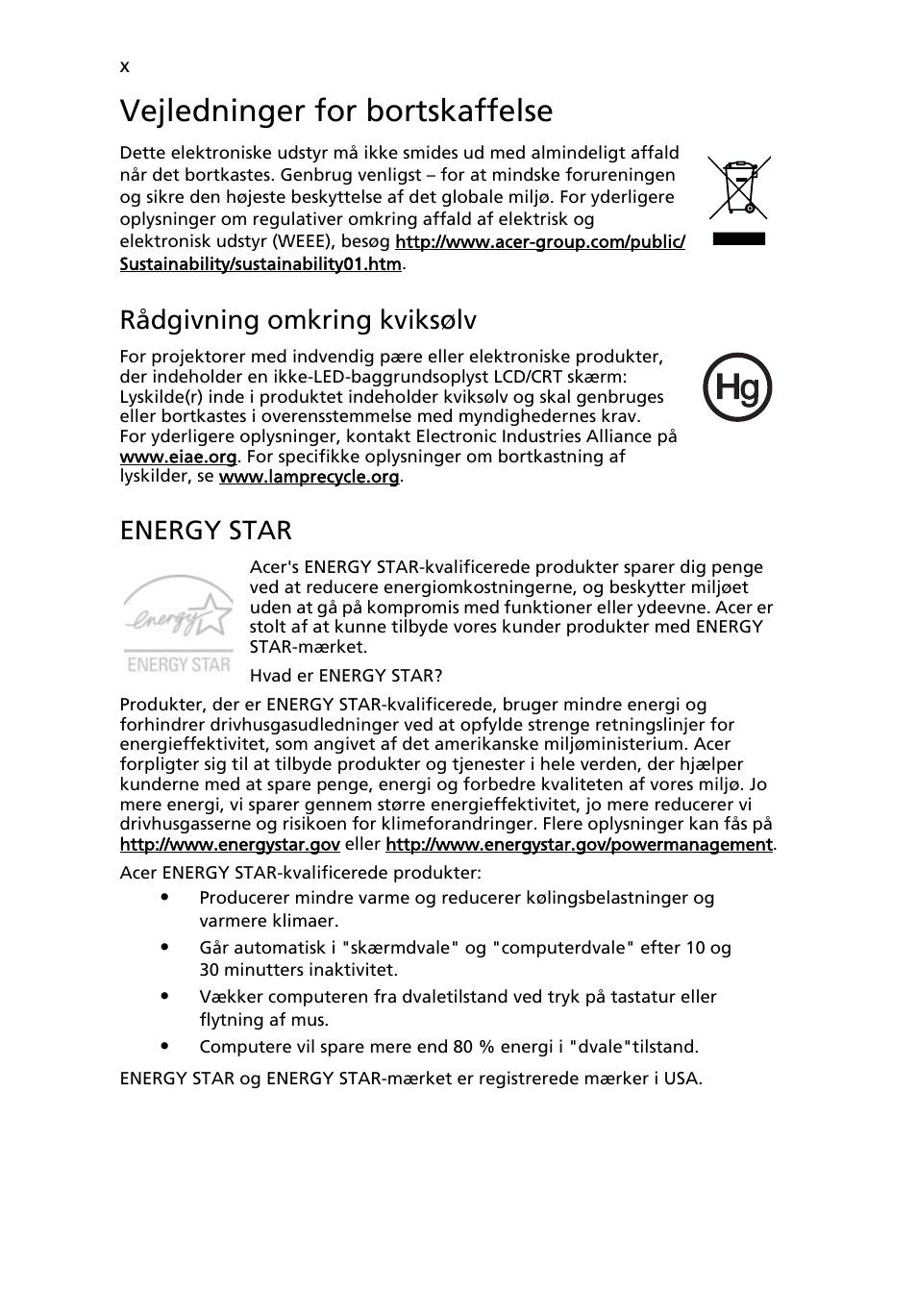 Vejledninger for bortskaffelse, Rådgivning omkring kviksølv, Energy star | Acer Aspire 5741ZG User Manual | Page 628 / 2345