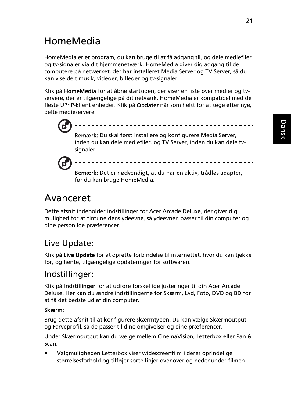 Homemedia, Avanceret, Live update | Indstillinger | Acer Aspire 5741ZG User Manual | Page 659 / 2345