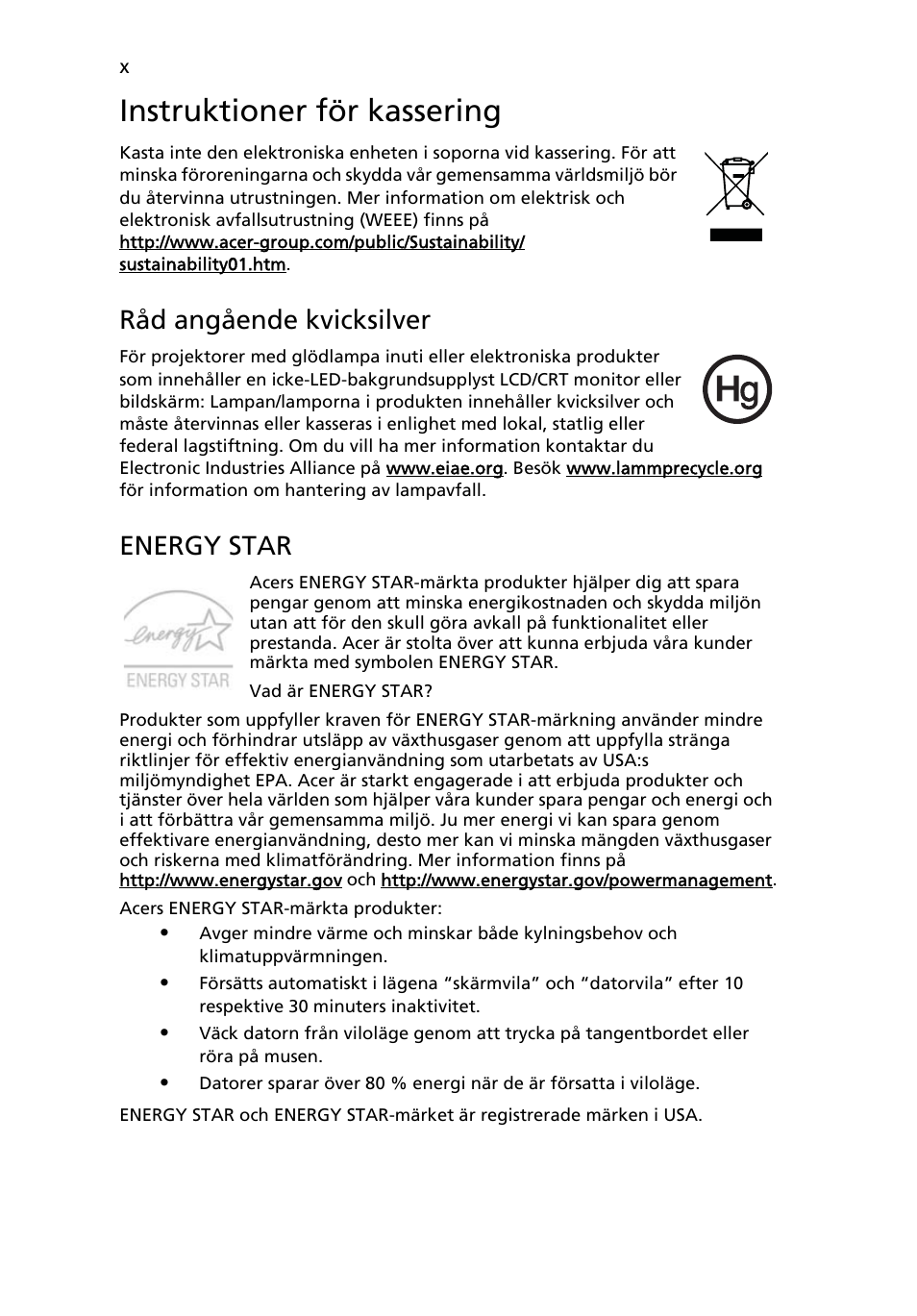 Instruktioner för kassering, Råd angående kvicksilver, Energy star | Acer Aspire 5741ZG User Manual | Page 702 / 2345