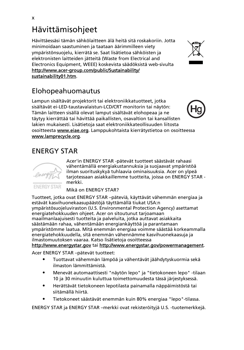 Hävittämisohjeet, Elohopeahuomautus, Energy star | Acer Aspire 5741ZG User Manual | Page 776 / 2345