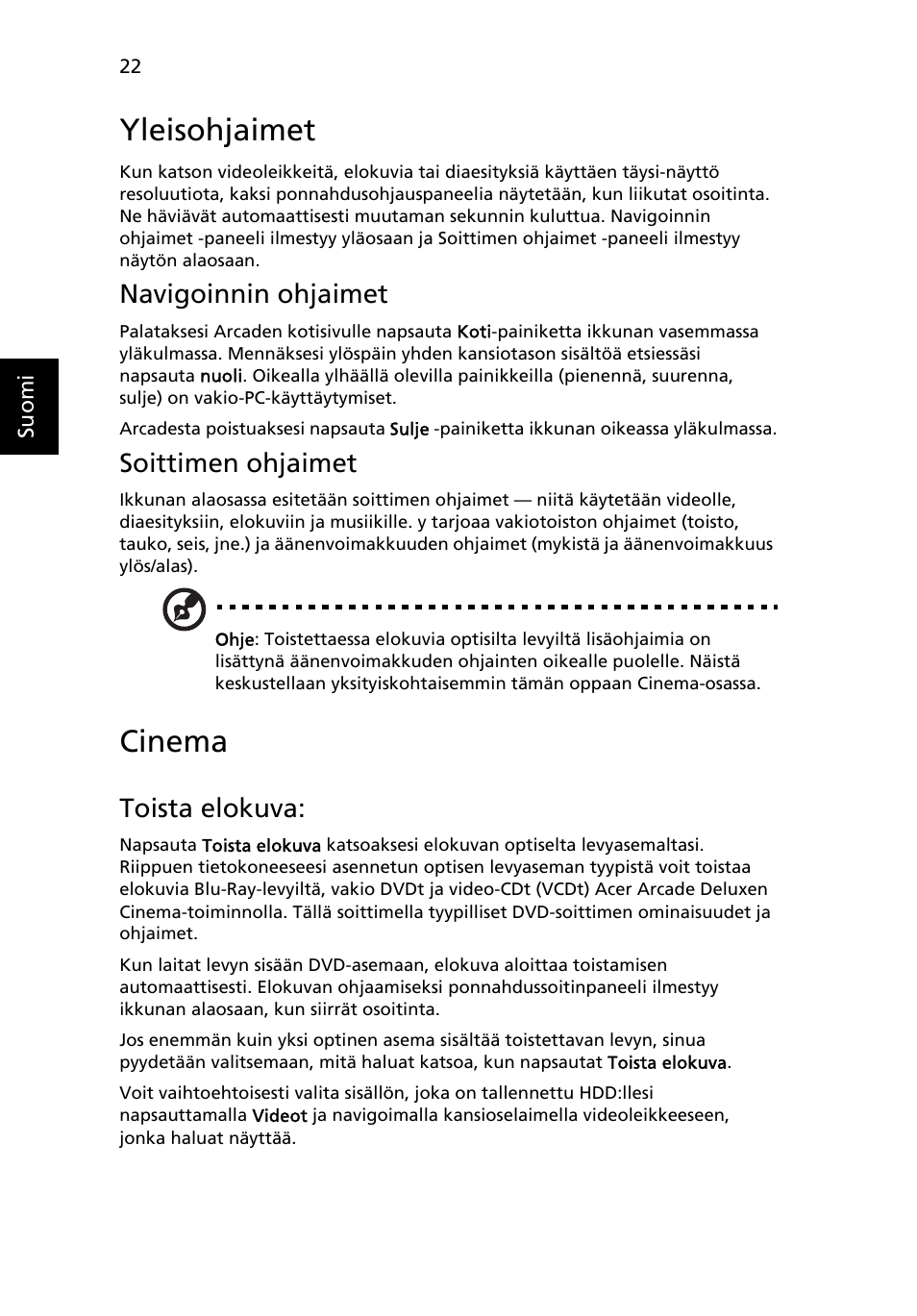 Yleisohjaimet, Cinema, Navigoinnin ohjaimet | Soittimen ohjaimet, Toista elokuva | Acer Aspire 5741ZG User Manual | Page 808 / 2345