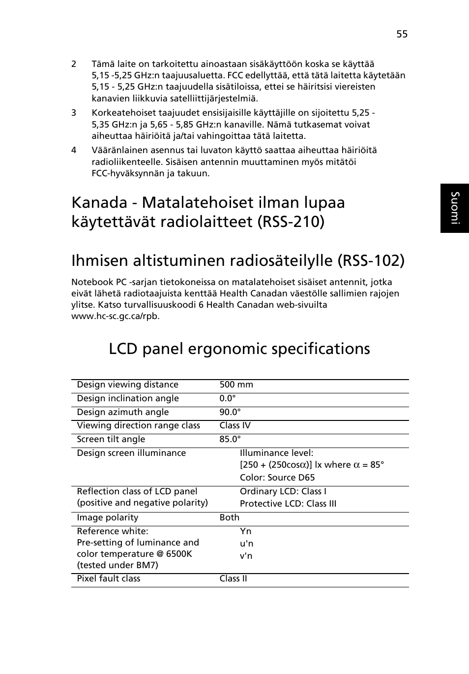 Ihmisen altistuminen radiosäteilylle (rss-102), Lcd panel ergonomic specifications | Acer Aspire 5741ZG User Manual | Page 841 / 2345
