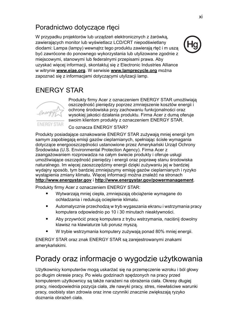 Porady oraz informacje o wygodzie użytkowania, Poradnictwo dotyczące rtęci, Energy star | Acer Aspire 5741ZG User Manual | Page 933 / 2345