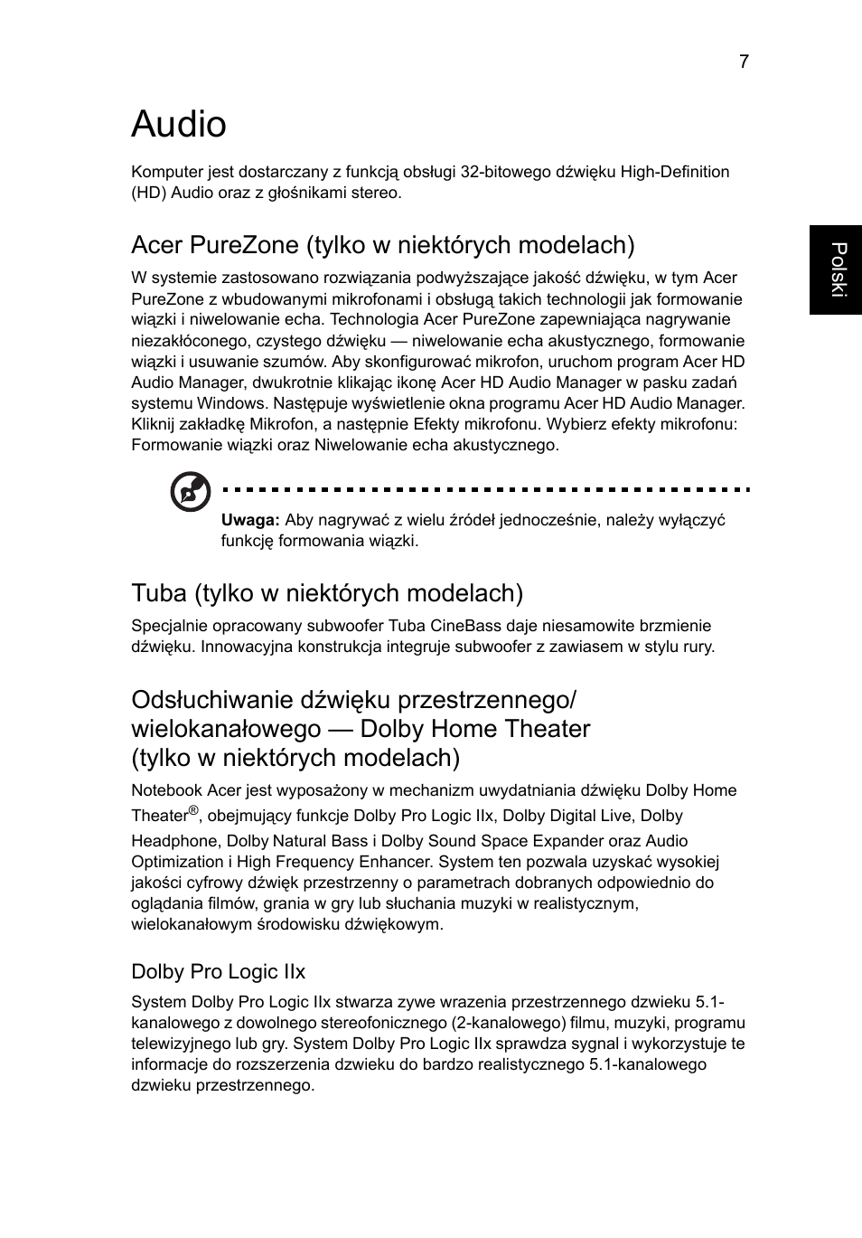 Audio, Acer purezone (tylko w niektórych modelach), Tuba (tylko w niektórych modelach) | Acer Aspire 5741ZG User Manual | Page 949 / 2345