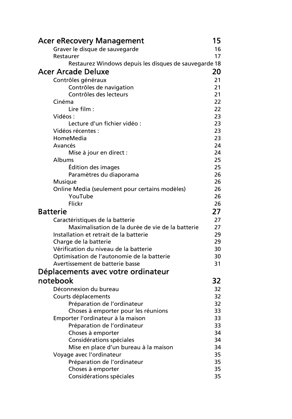 Acer erecovery management 15, Acer arcade deluxe 20, Batterie 27 | Acer Aspire 5741ZG User Manual | Page 96 / 2345