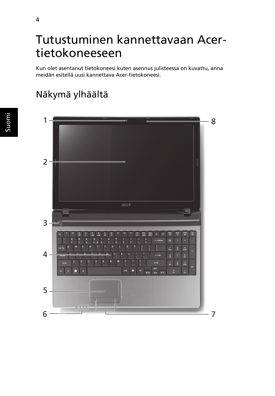 Tutustuminen kannettavaan acer- tietokoneeseen, Näkymä ylhäältä | Acer Aspire 5750ZG User Manual | Page 110 / 320