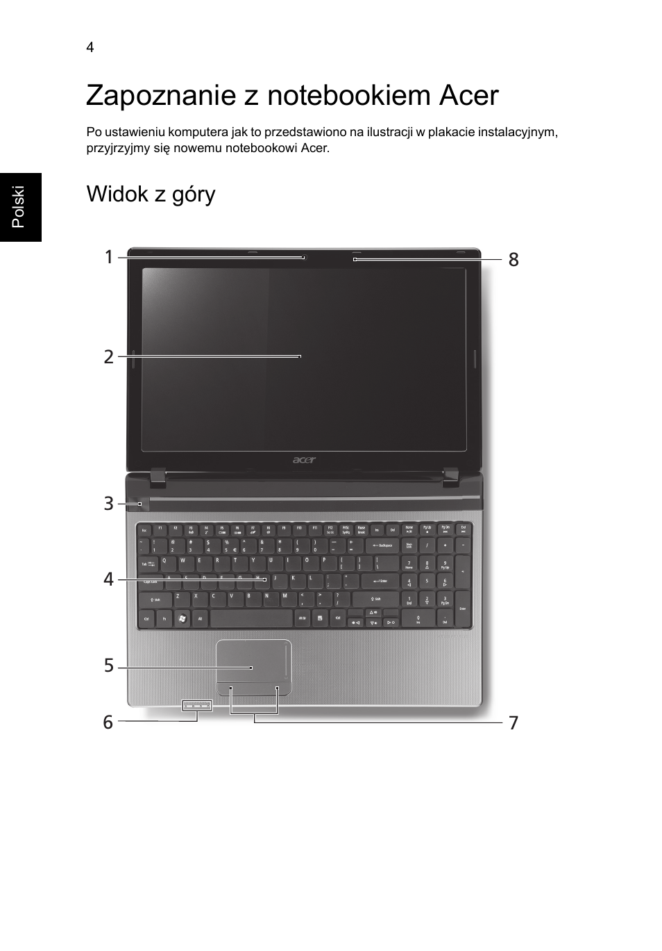 Zapoznanie z notebookiem acer, Widok z góry | Acer Aspire 5750ZG User Manual | Page 132 / 320