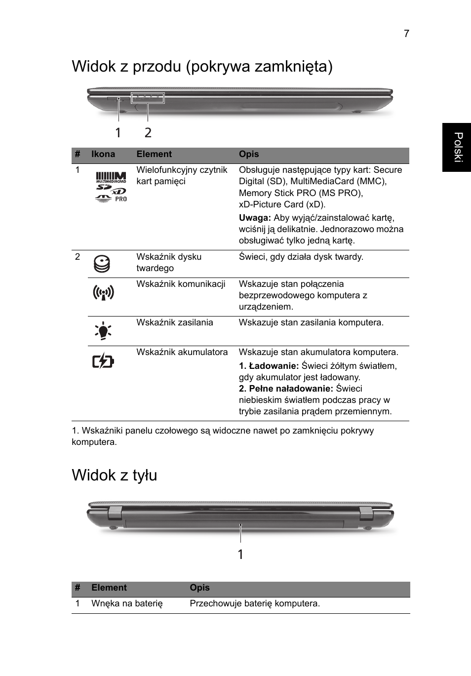 Widok z przodu (pokrywa zamknięta), Widok z tyłu | Acer Aspire 5750ZG User Manual | Page 135 / 320