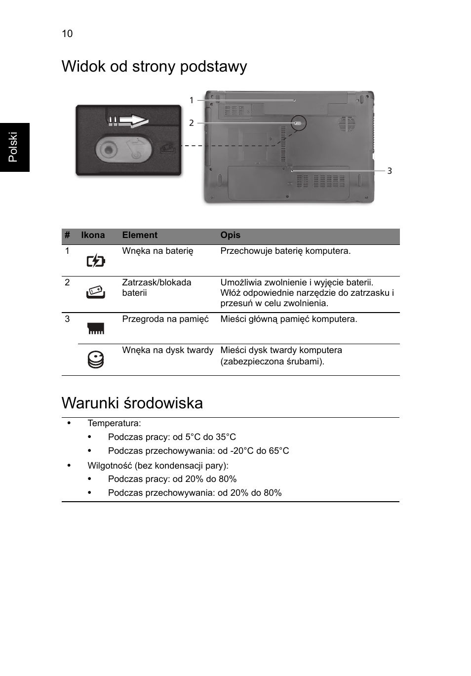 Widok od strony podstawy, Warunki środowiska, Widok od strony podstawy warunki środowiska | Acer Aspire 5750ZG User Manual | Page 138 / 320