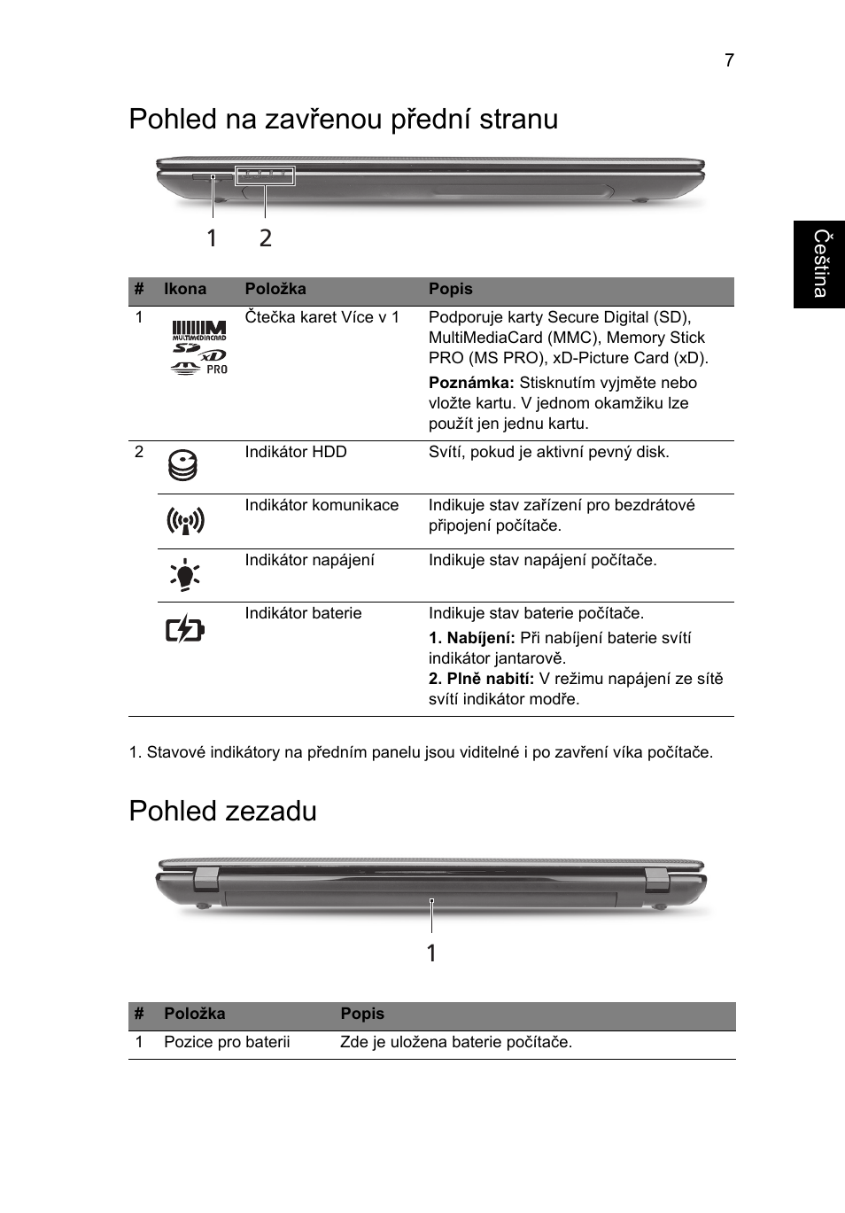 Pohled na zavřenou přední stranu, Pohled zezadu | Acer Aspire 5750ZG User Manual | Page 155 / 320