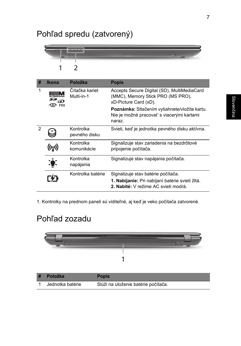 Pohľad spredu (zatvorený), Pohľad zozadu | Acer Aspire 5750ZG User Manual | Page 165 / 320