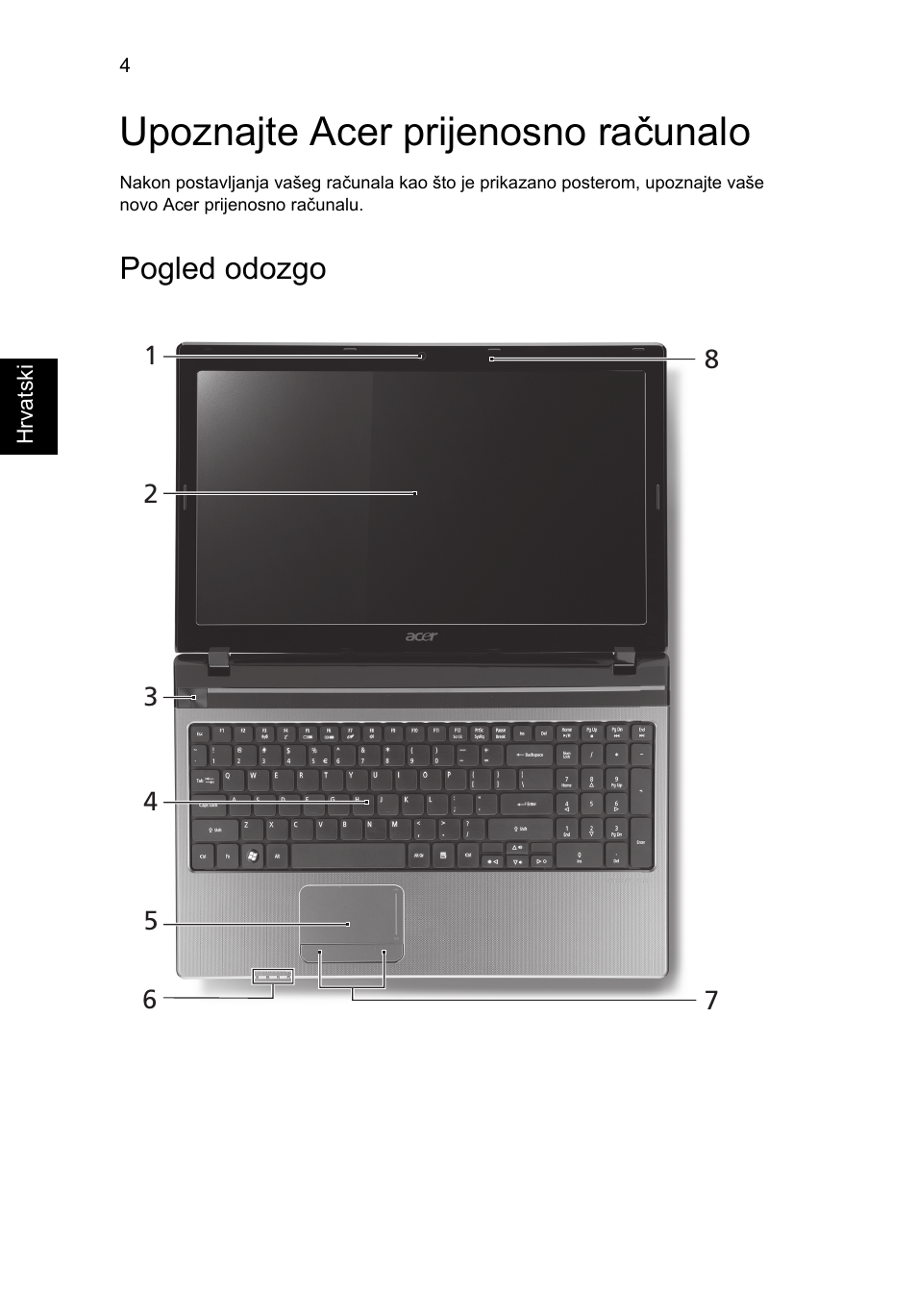 Upoznajte acer prijenosno računalo, Pogled odozgo | Acer Aspire 5750ZG User Manual | Page 182 / 320