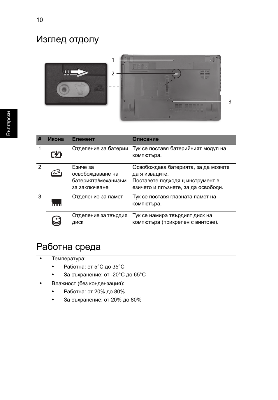 Изглед отдолу, Работна среда, Изглед отдолу работна среда | Acer Aspire 5750ZG User Manual | Page 208 / 320