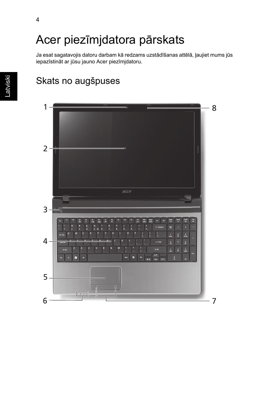 Acer piezīmjdatora pārskats, Skats no augšpuses | Acer Aspire 5750ZG User Manual | Page 222 / 320