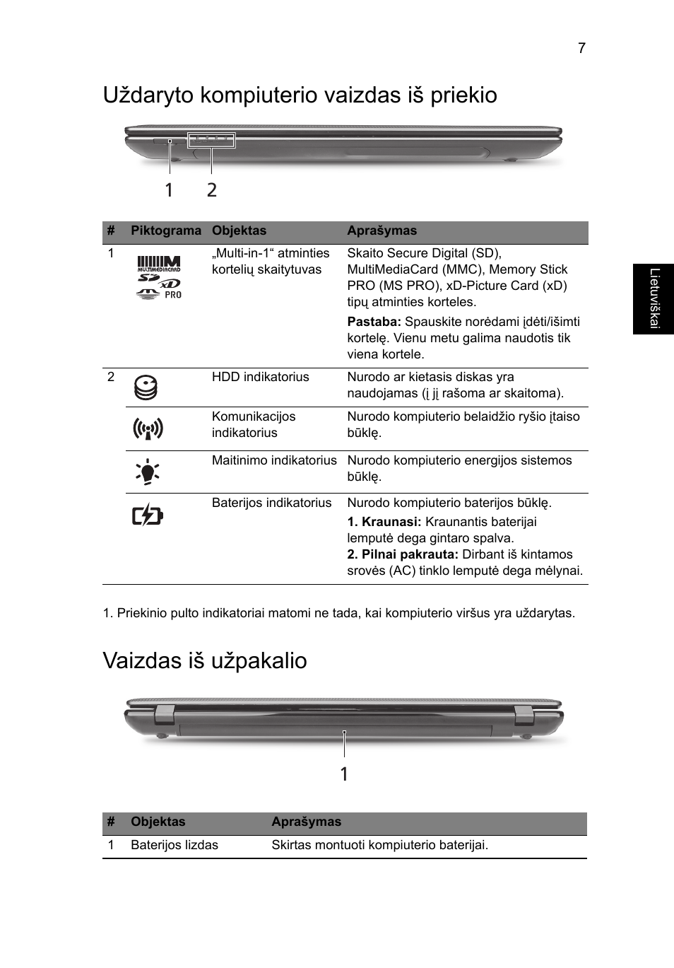 Uždaryto kompiuterio vaizdas iš priekio, Vaizdas iš užpakalio | Acer Aspire 5750ZG User Manual | Page 235 / 320