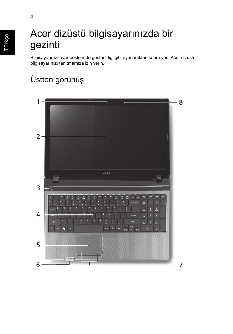 Acer dizüstü bilgisayarınızda bir gezinti, Üstten görünüş | Acer Aspire 5750ZG User Manual | Page 254 / 320