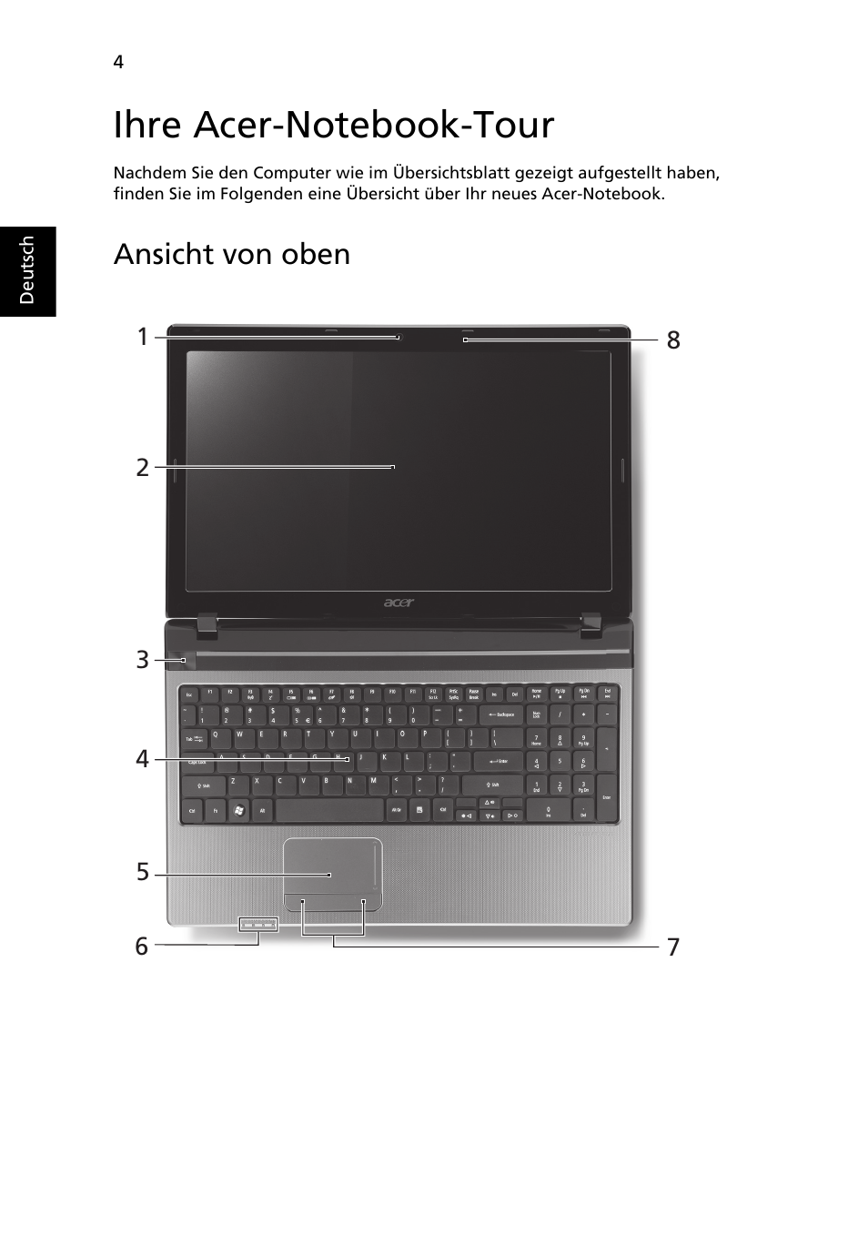 Ihre acer-notebook-tour, Ansicht von oben | Acer Aspire 5750ZG User Manual | Page 26 / 320