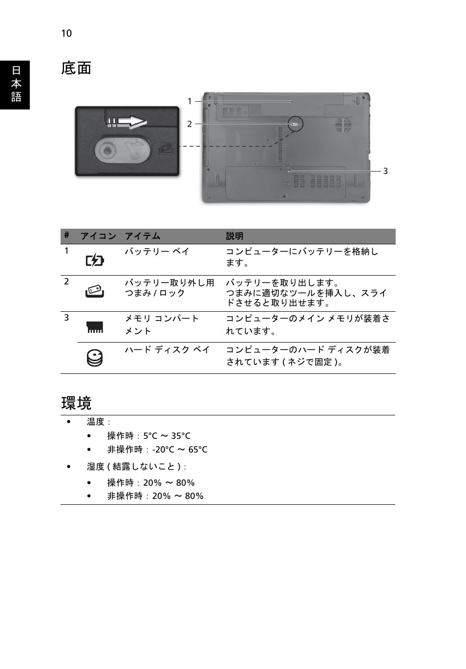 底面 環境 | Acer Aspire 5750ZG User Manual | Page 270 / 320