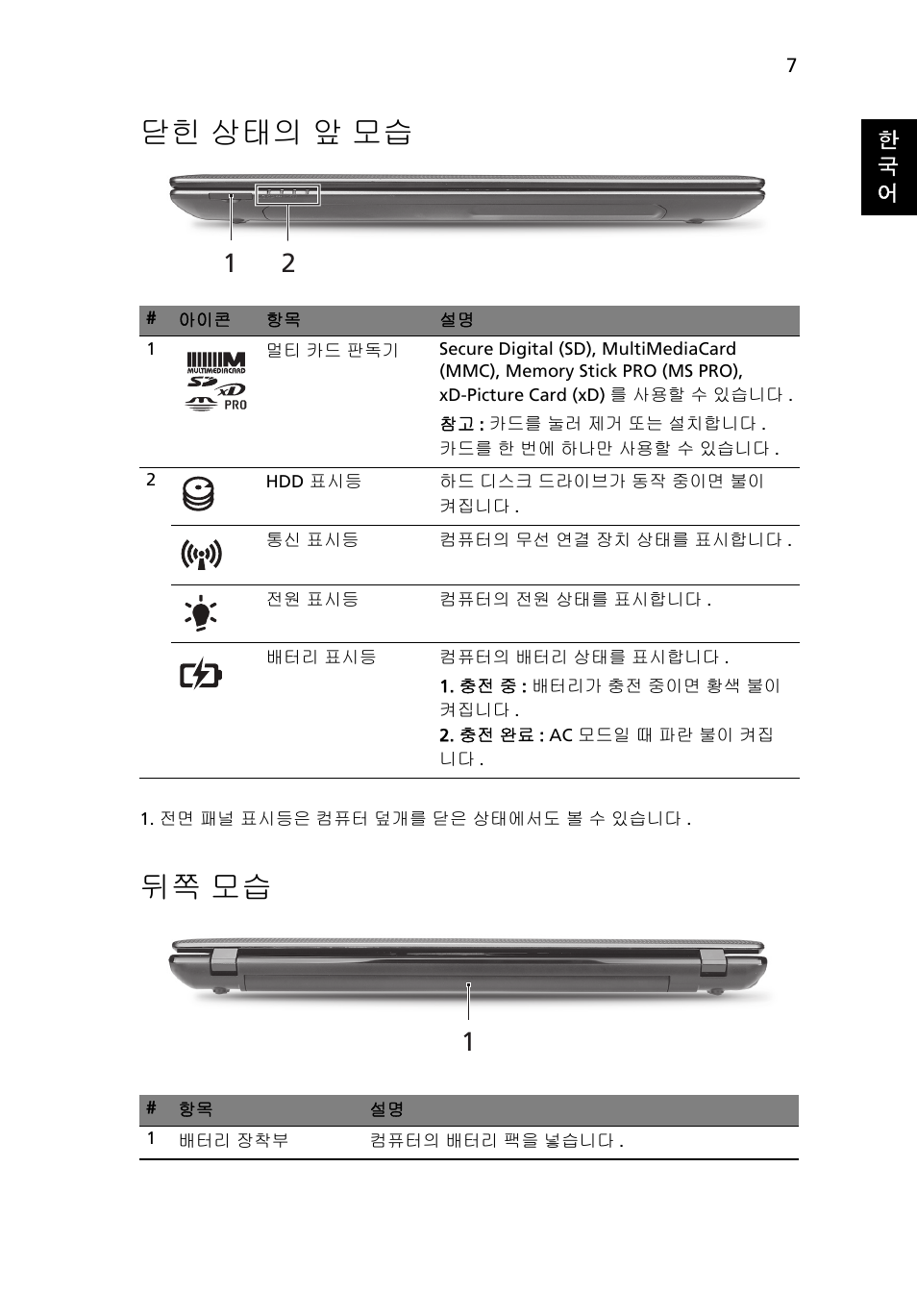 닫힌 상태의 앞 모습, 뒤쪽 모습 | Acer Aspire 5750ZG User Manual | Page 277 / 320