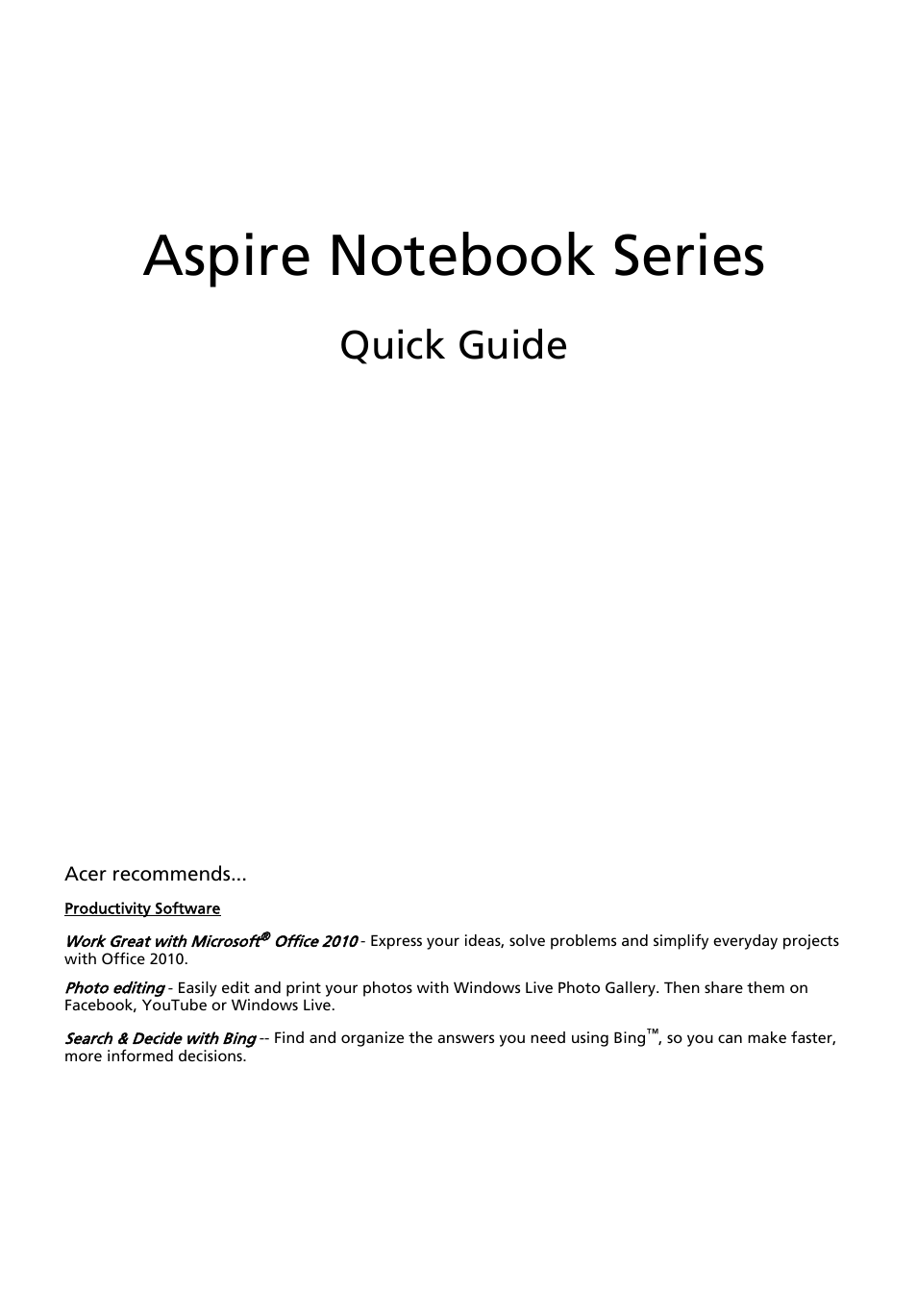 English, Aspire notebook series, Quick guide | Acer Aspire 5750ZG User Manual | Page 3 / 320