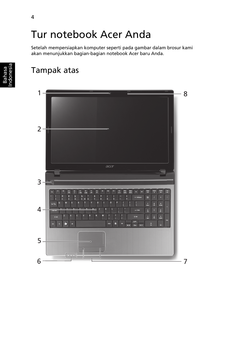 Tur notebook acer anda, Tampak atas | Acer Aspire 5750ZG User Manual | Page 304 / 320