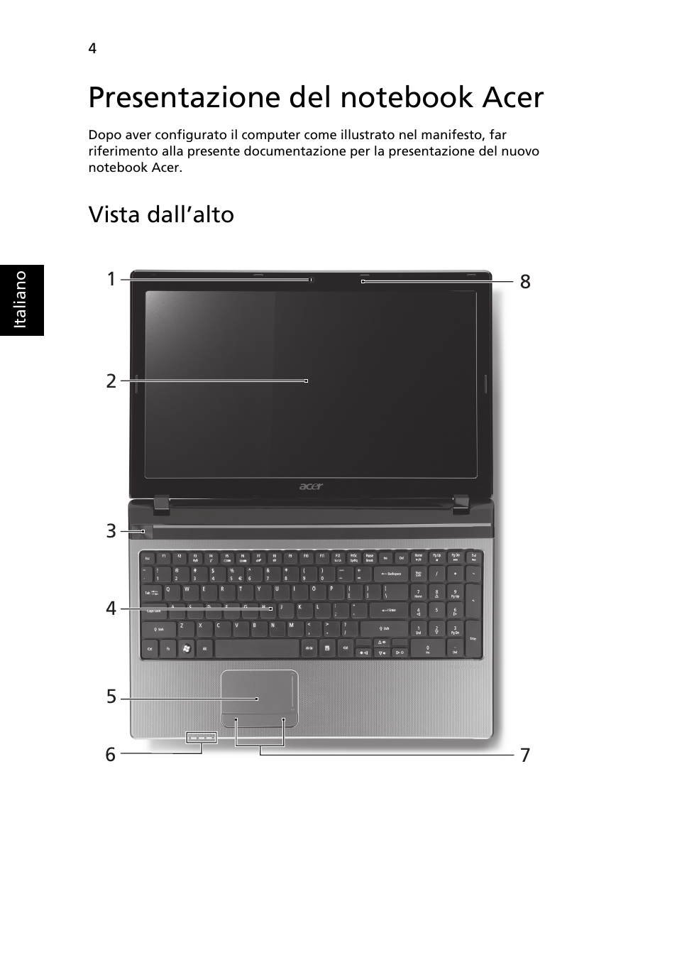 Presentazione del notebook acer, Vista dall’alto | Acer Aspire 5750ZG User Manual | Page 36 / 320