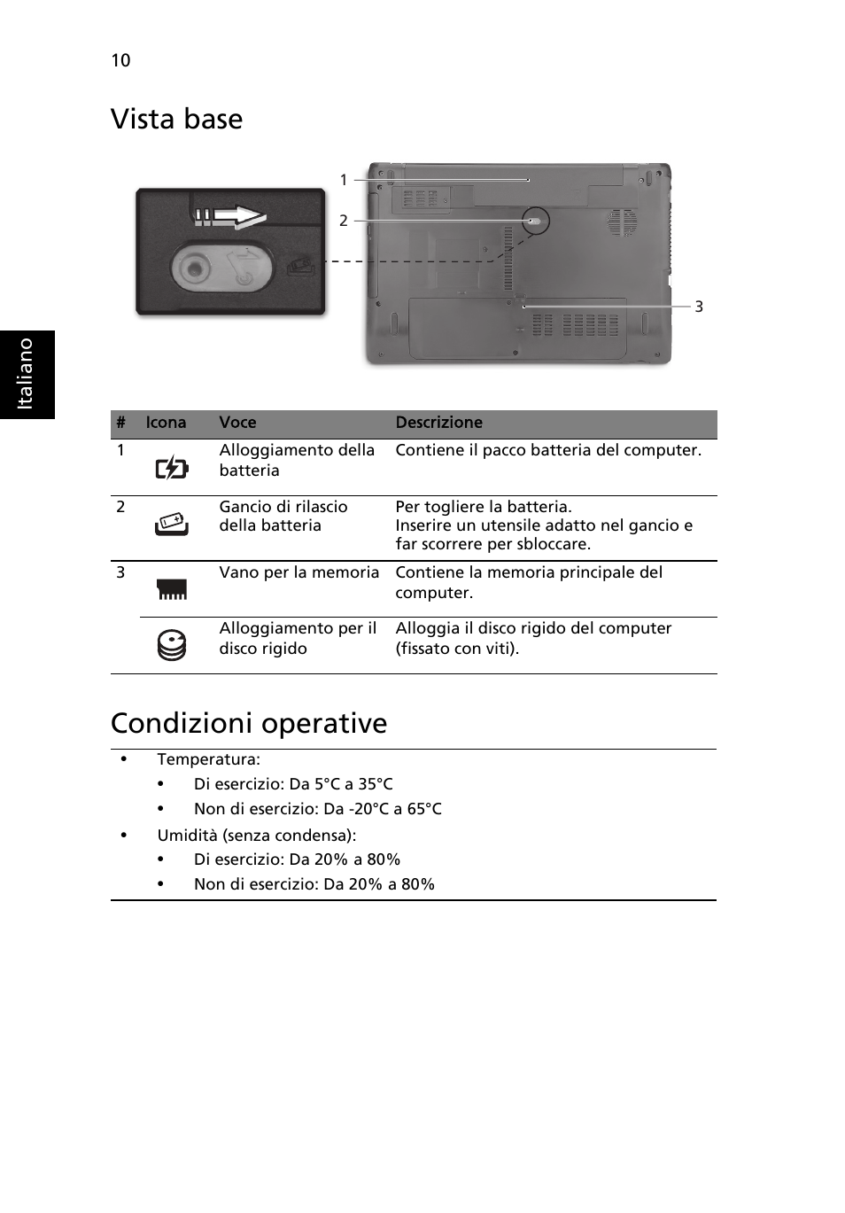 Vista base, Condizioni operative, Vista base condizioni operative | Acer Aspire 5750ZG User Manual | Page 42 / 320