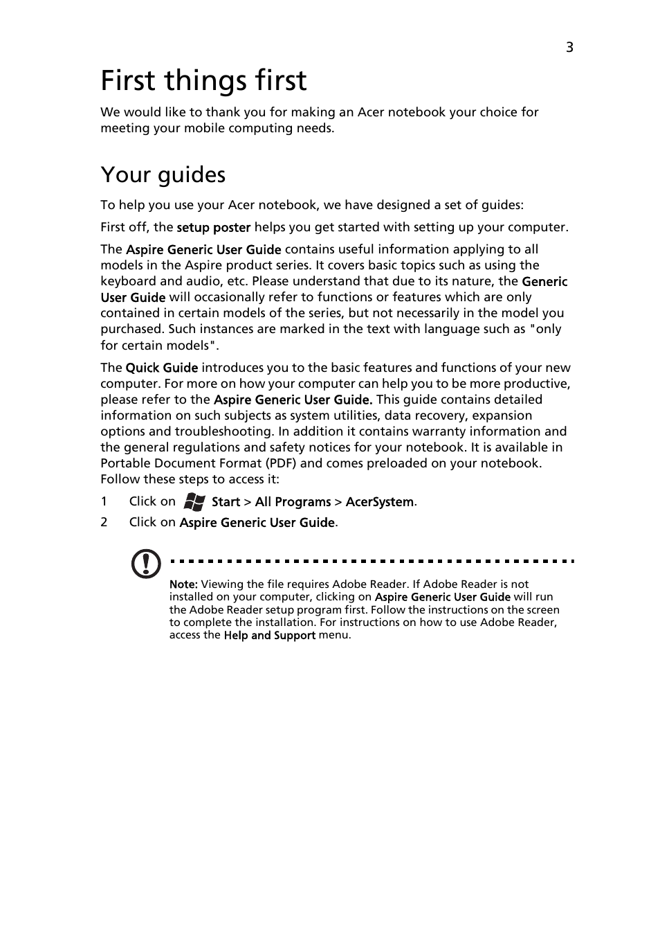 First things first, Your guides | Acer Aspire 5750ZG User Manual | Page 5 / 320