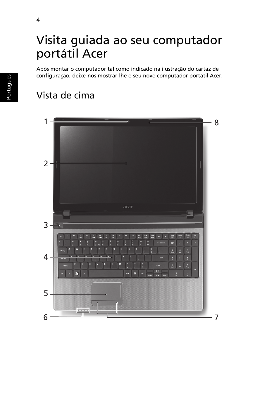 Visita guiada ao seu computador portátil acer, Vista de cima | Acer Aspire 5750ZG User Manual | Page 60 / 320