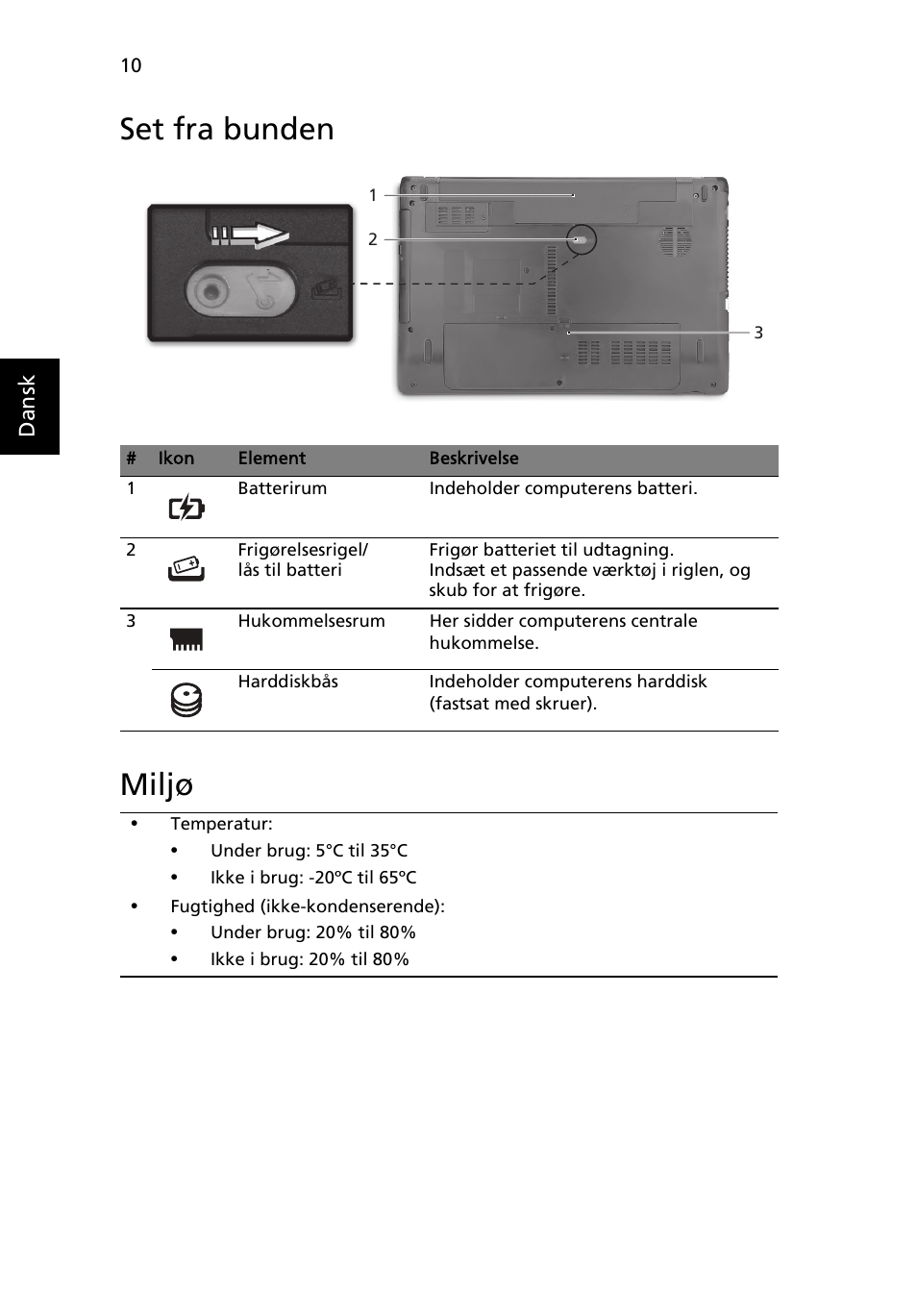 Set fra bunden, Miljø, Set fra bunden miljø | Acer Aspire 5750ZG User Manual | Page 96 / 320