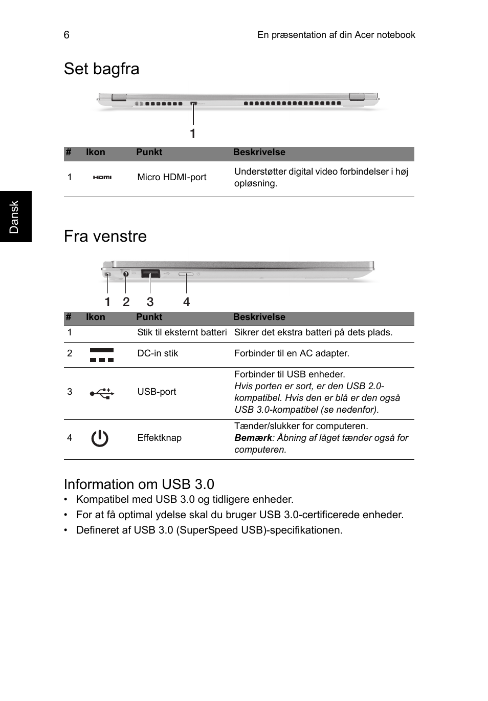 Set bagfra, Fra venstre, Information om usb 3.0 | Set bagfra fra venstre | Acer Aspire S7-391 User Manual | Page 106 / 366