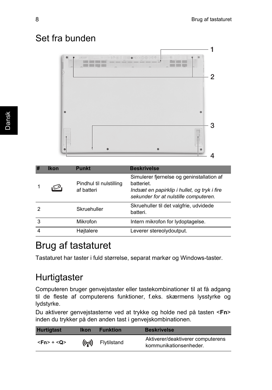 Set fra bunden, Brug af tastaturet, Hurtigtaster | Acer Aspire S7-391 User Manual | Page 108 / 366