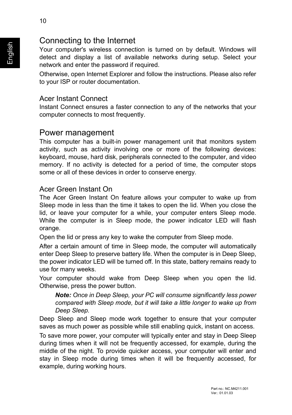 Connecting to the internet, Power management, Acer instant connect | Acer green instant on | Acer Aspire S7-391 User Manual | Page 12 / 366