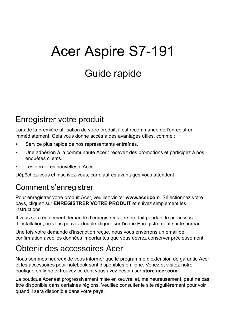 Français, Enregistrer votre produit, Comment s’enregistrer | Obtenir des accessoires acer, Acer aspire s7-191, Guide rapide | Acer Aspire S7-391 User Manual | Page 13 / 366