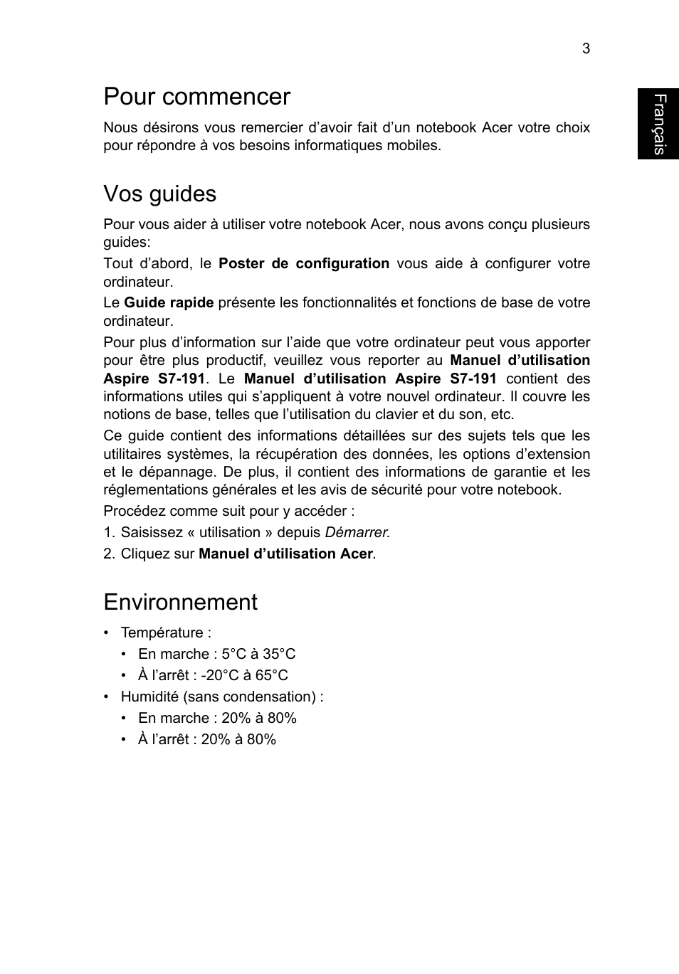 Pour commencer, Vos guides, Environnement | Français | Acer Aspire S7-391 User Manual | Page 15 / 366