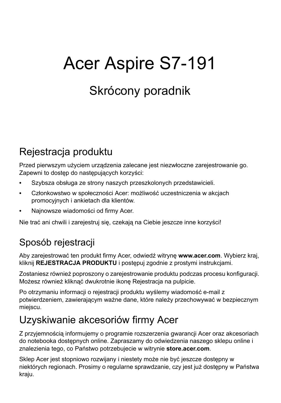 Polski, Rejestracja produktu, Sposób rejestracji | Uzyskiwanie akcesoriów firmy acer, Acer aspire s7-191, Skrócony poradnik | Acer Aspire S7-391 User Manual | Page 151 / 366