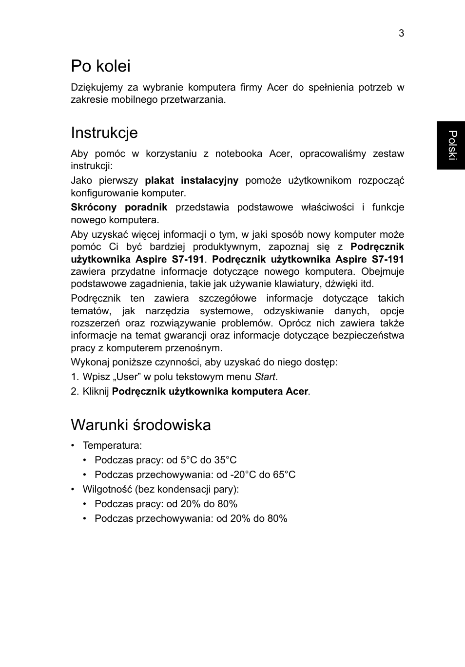 Po kolei, Instrukcje, Warunki środowiska | Acer Aspire S7-391 User Manual | Page 153 / 366