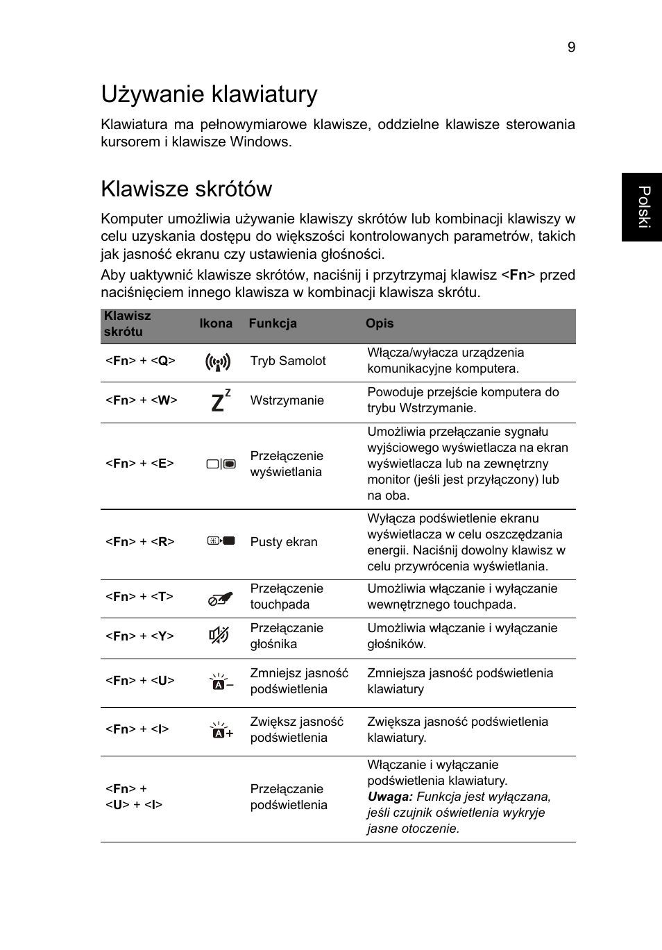 Używanie klawiatury, Klawisze skrótów | Acer Aspire S7-391 User Manual | Page 159 / 366