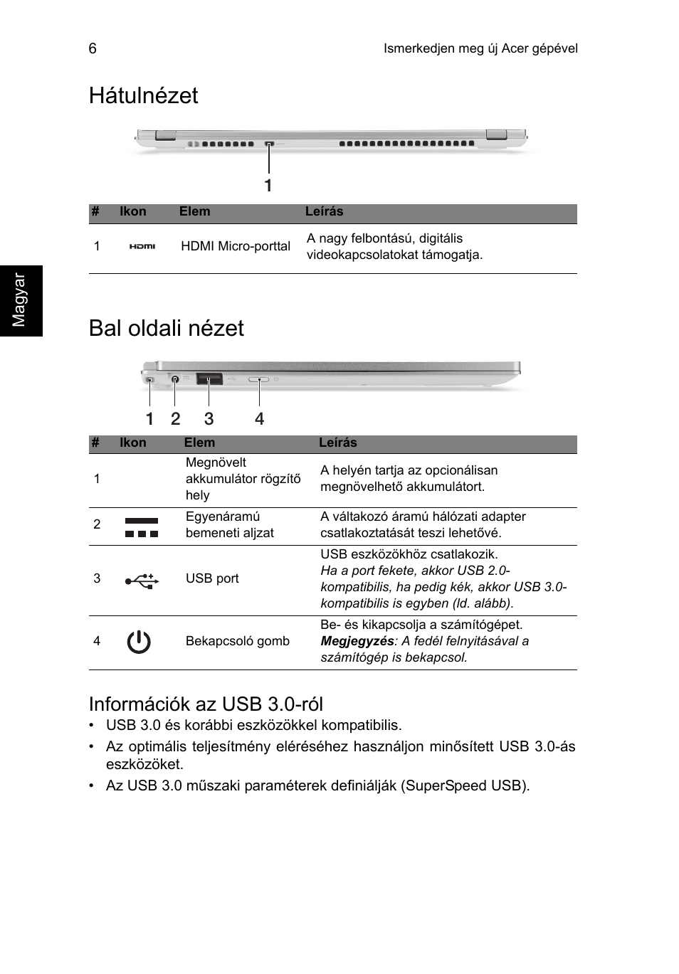 Hátulnézet, Bal oldali nézet, Információk az usb 3.0-ról | Hátulnézet bal oldali nézet | Acer Aspire S7-391 User Manual | Page 168 / 366