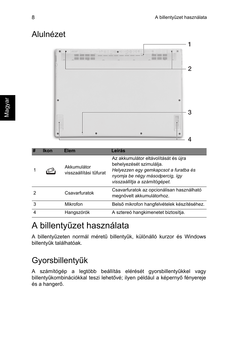 Alulnézet, A billentyűzet használata, Gyorsbillentyűk | Acer Aspire S7-391 User Manual | Page 170 / 366